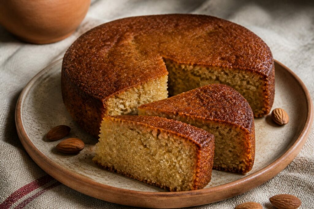 Bolo rançoso de Beja aux amandes, parts épaisses et croûte ambrée