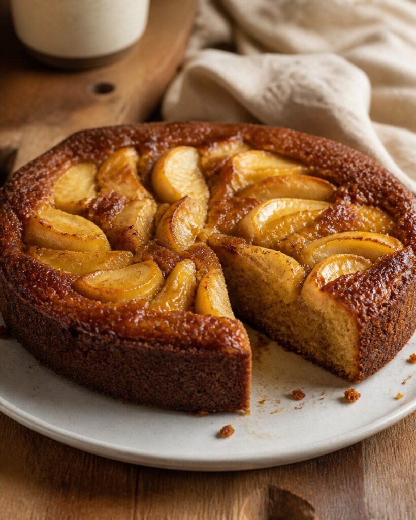 Karamellisierter Rand umgibt den Apfel-Honig-Kuchen