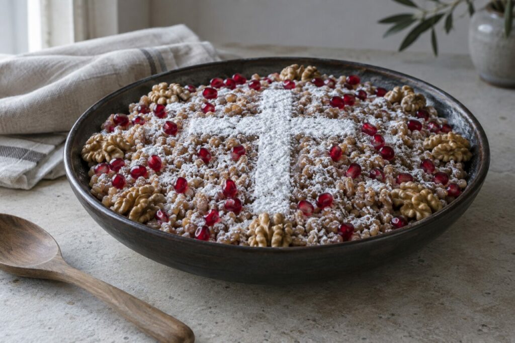 Bord en terre cuite — koliva grec aux grains de blé dans une large coupe en terre cuite accompagnée d’un petit récipient