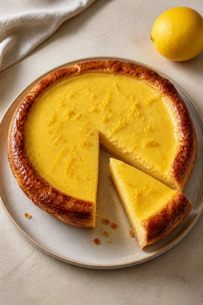 Bronzed puff pastry cradles the lemon French custard tart