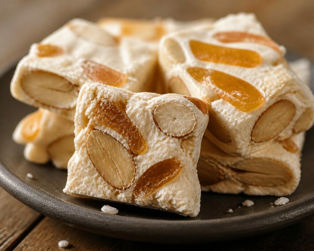 Amandes et orange confite visibles dans la pâte blanche