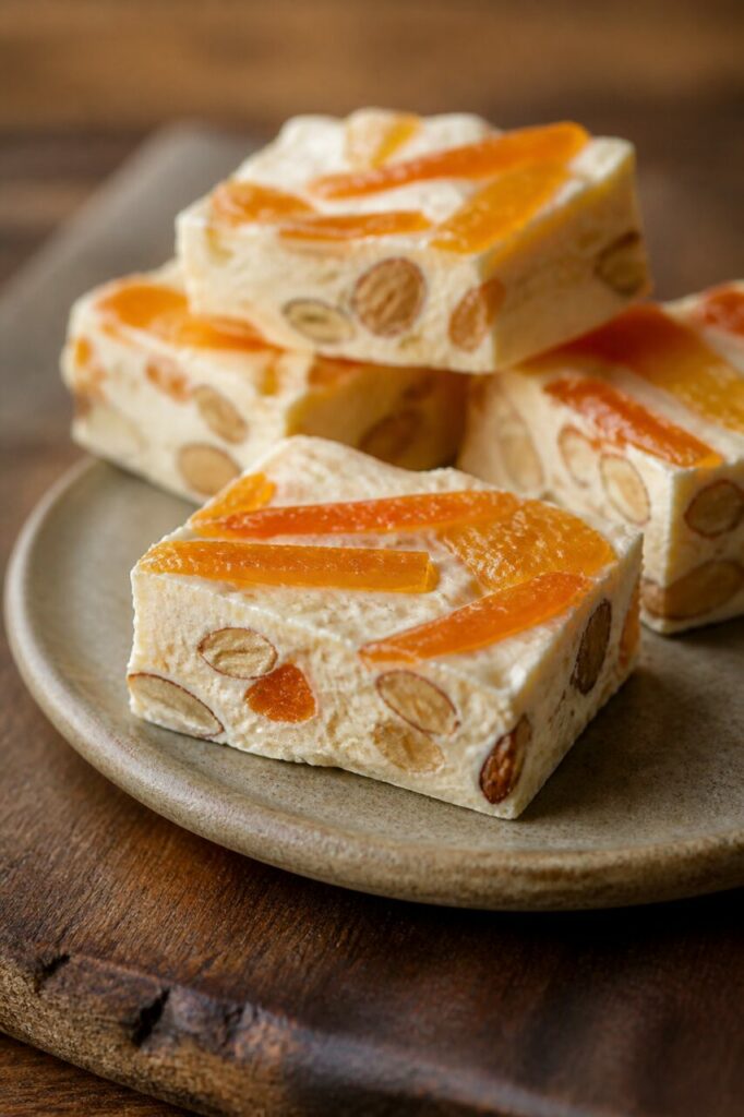 Grands carrés de nougat aux amandes empilés sur l'assiette