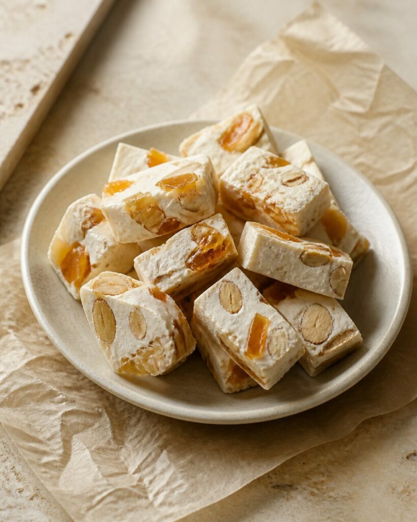 Bol rempli de petites bouchées de nougat à l'orange