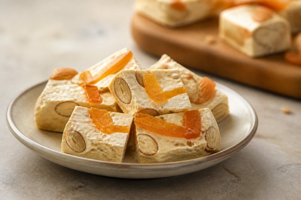 Bouchées irrégulières de nougat devant la planche sombre