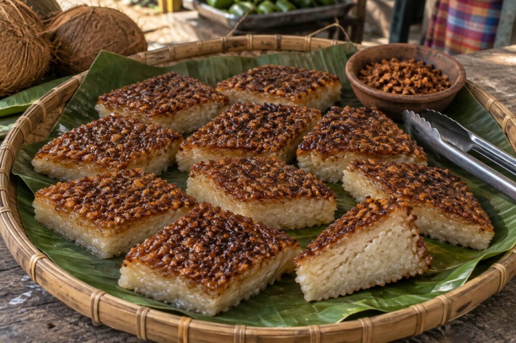 Diamond bibingkang malagkit pieces on a Filipino bilao