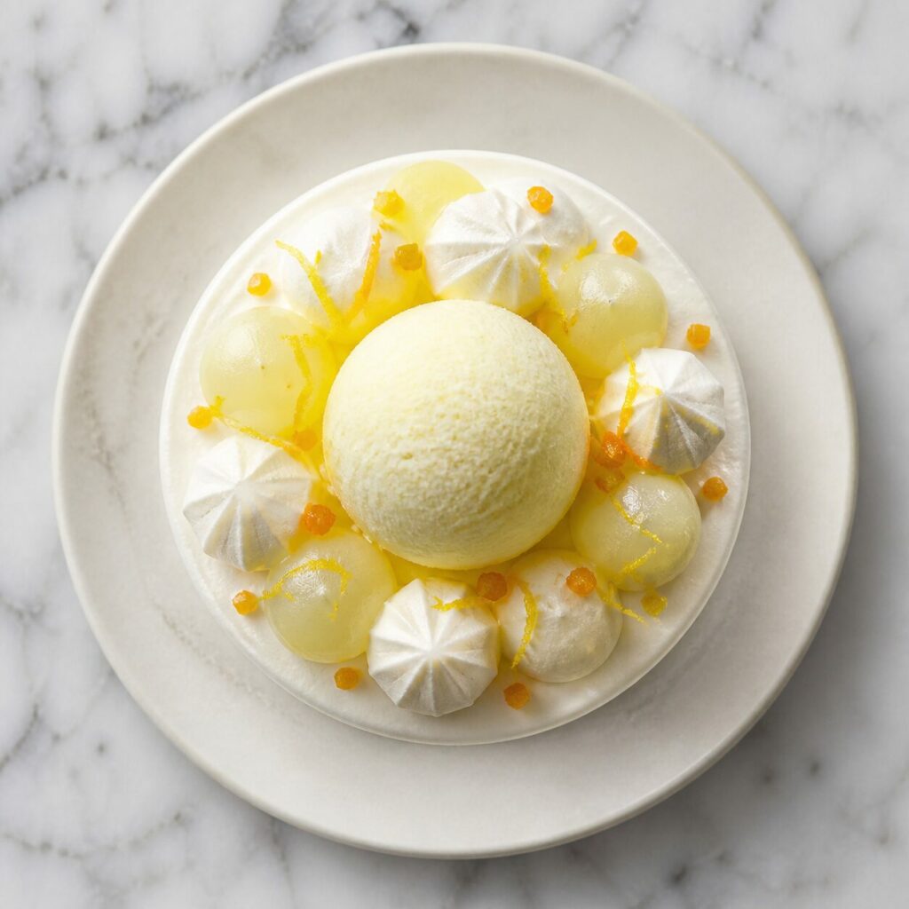 Boule citron, billes d'agrume et meringues — Vacherin citron-yuzu glacé