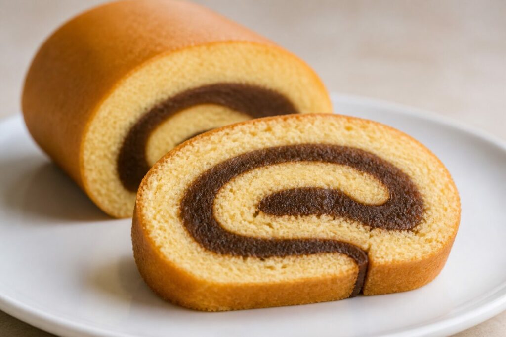 Douceur chilienne traditionnelle — tranches de brazo de reina montrant une spirale de biscuit et une garniture sombre