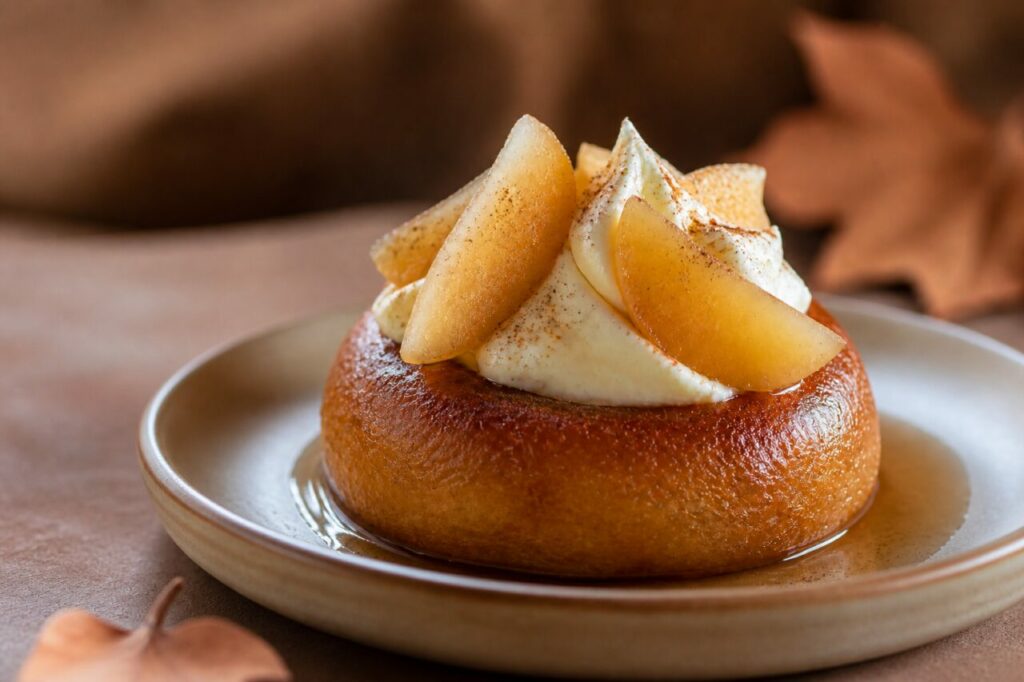 Brioche brillante et crème composent le savarin à la poire pochée