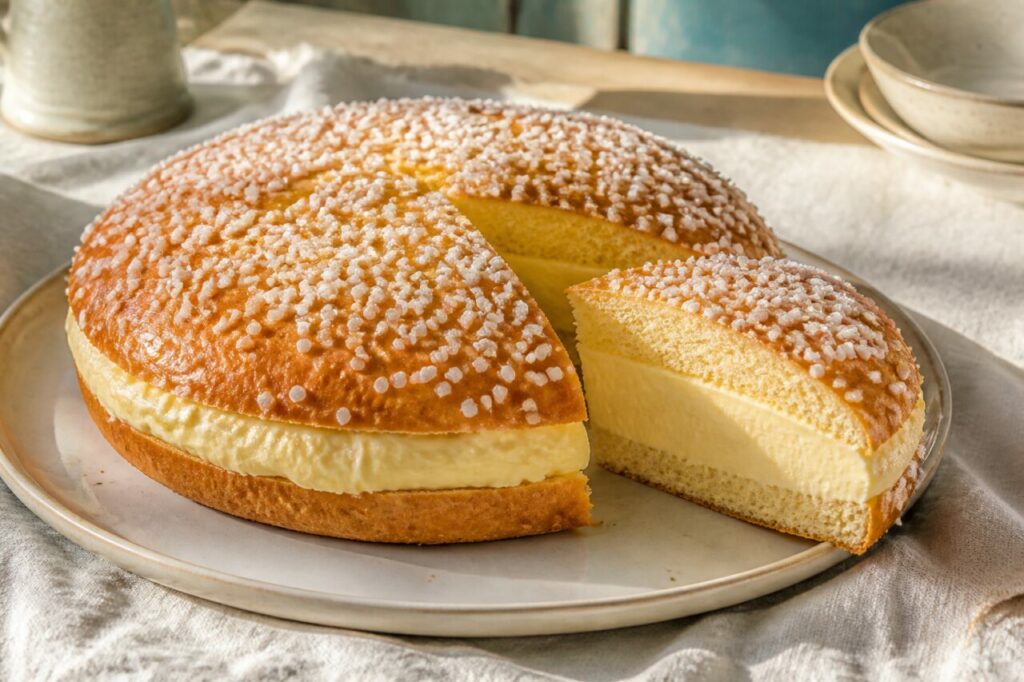Zucchero in granella sulla brioche dorata della tarte tropézienne