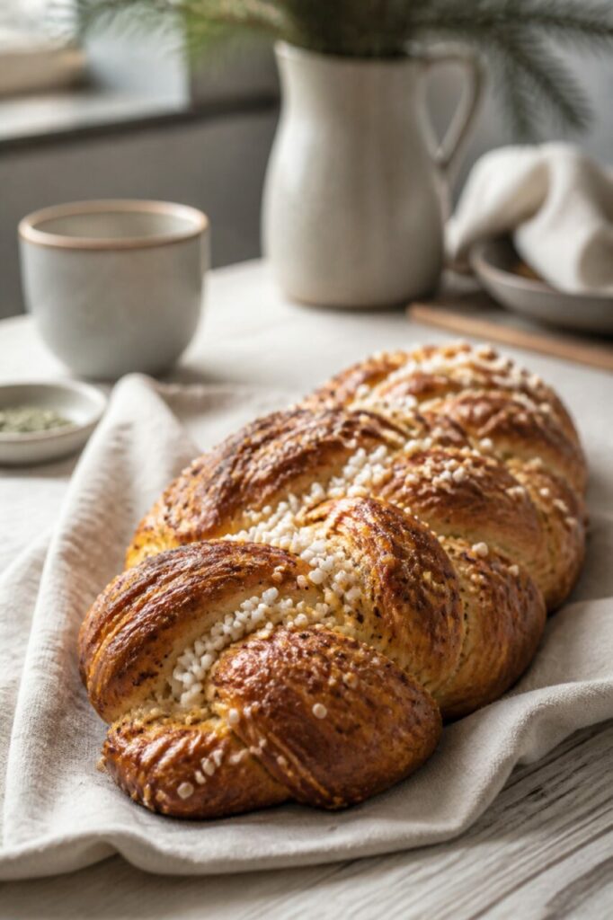 Dourado e grãos de açúcar sobre a brioche entrançada inteira