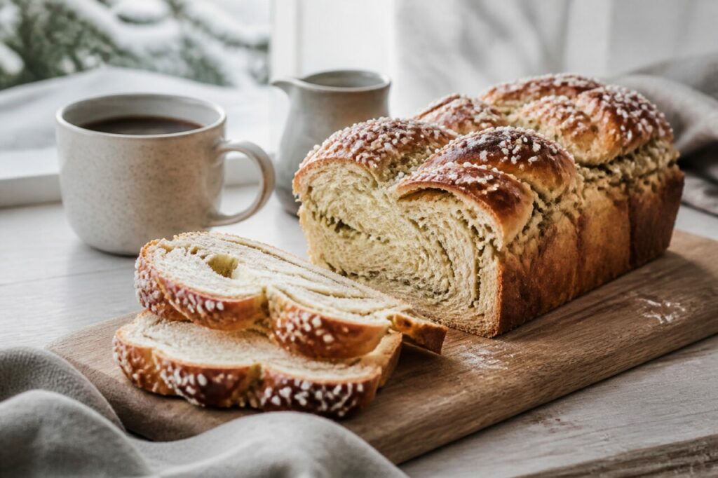 Tranches de brioche devant le pain cuit en moule