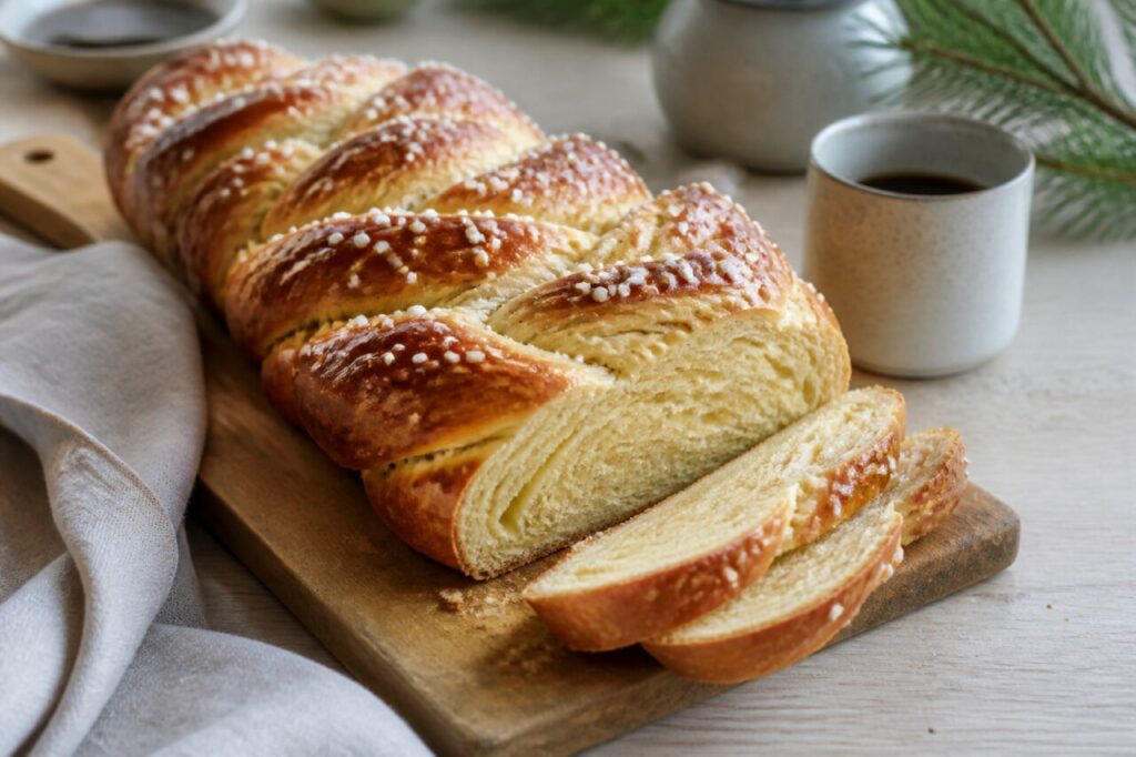 Brioche suédoise tressée à la cardamome près d'une tasse