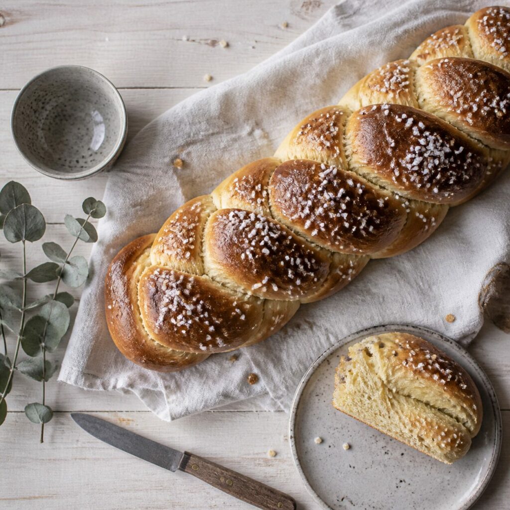 Longue tresse de brioche au sucre perlé avec une extrémité coupée