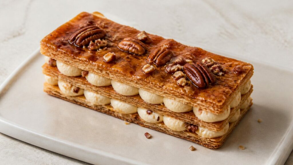 Pecan pieces dot maple cream in the mille-feuille