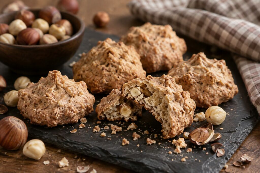 Hazelnut brutti ma buoni on a dark board with bowl