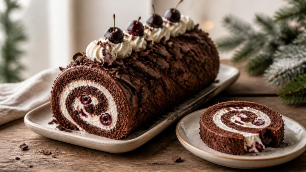 La bûche porte des rosaces de crème avec une tranche servie à côté