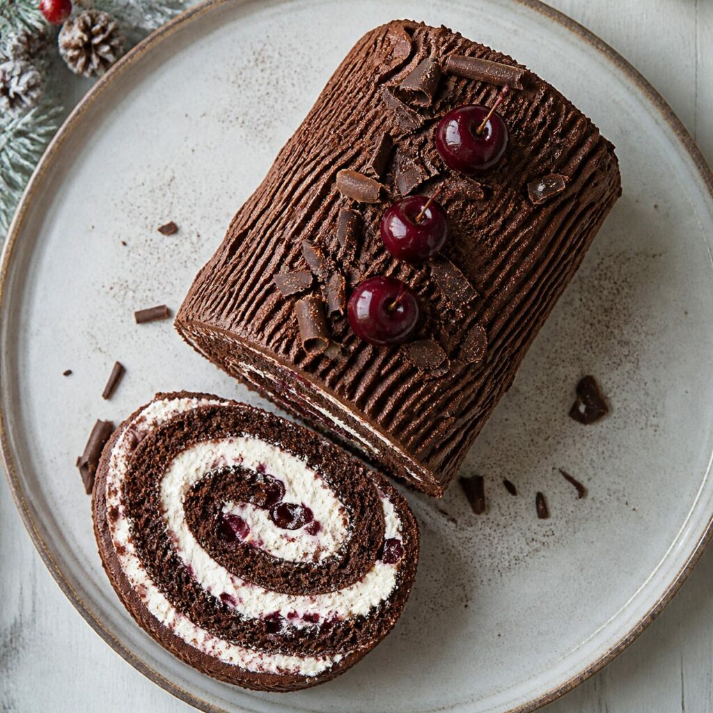 Riscas de chocolate sobre o rolo e espiral de creme na fatia
