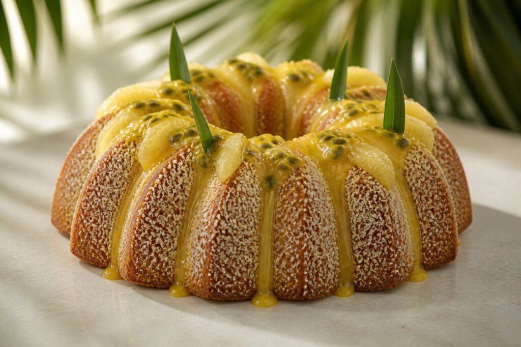 Noix de coco râpée et coulis jaune sur les cannelures du bundt