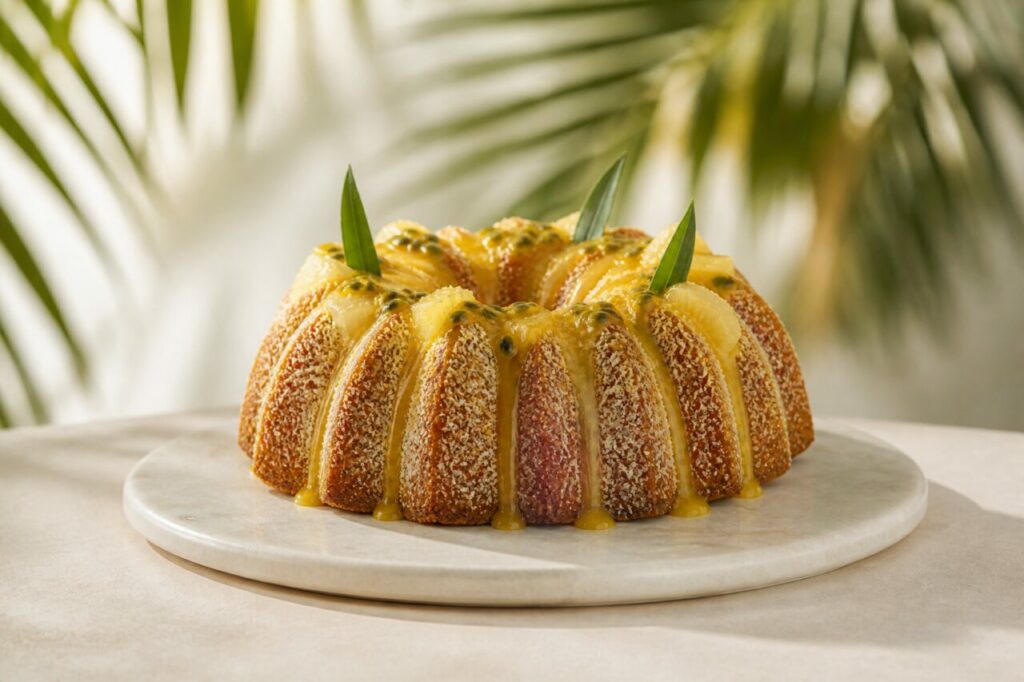 Gâteau annulaire coco-ananas sur son plateau