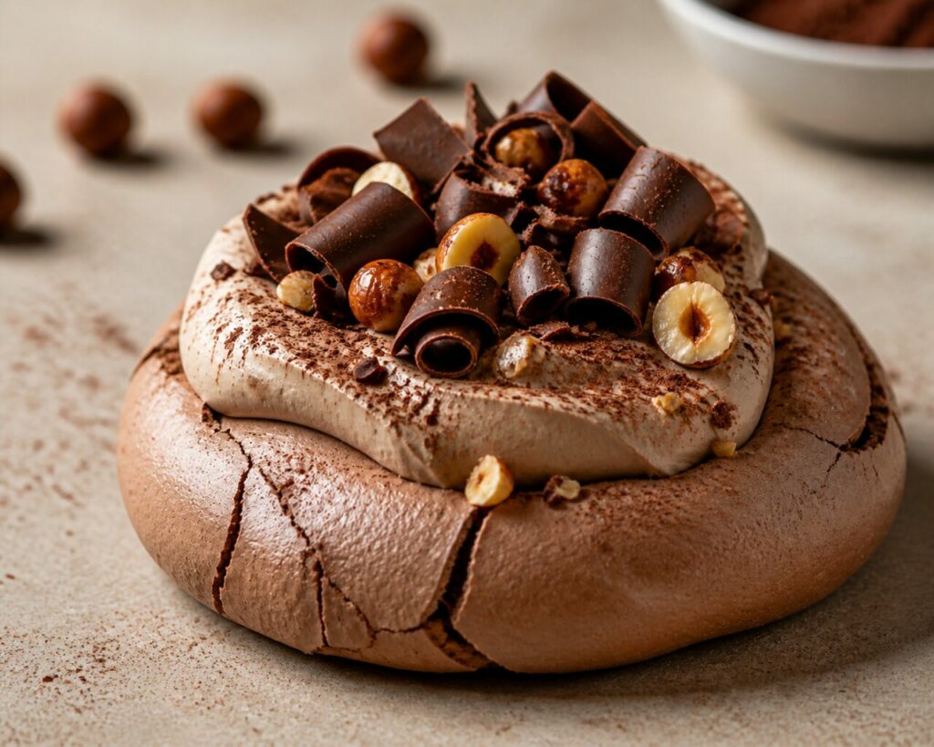 Cacao épars accompagne la pavlova chocolat-noisette