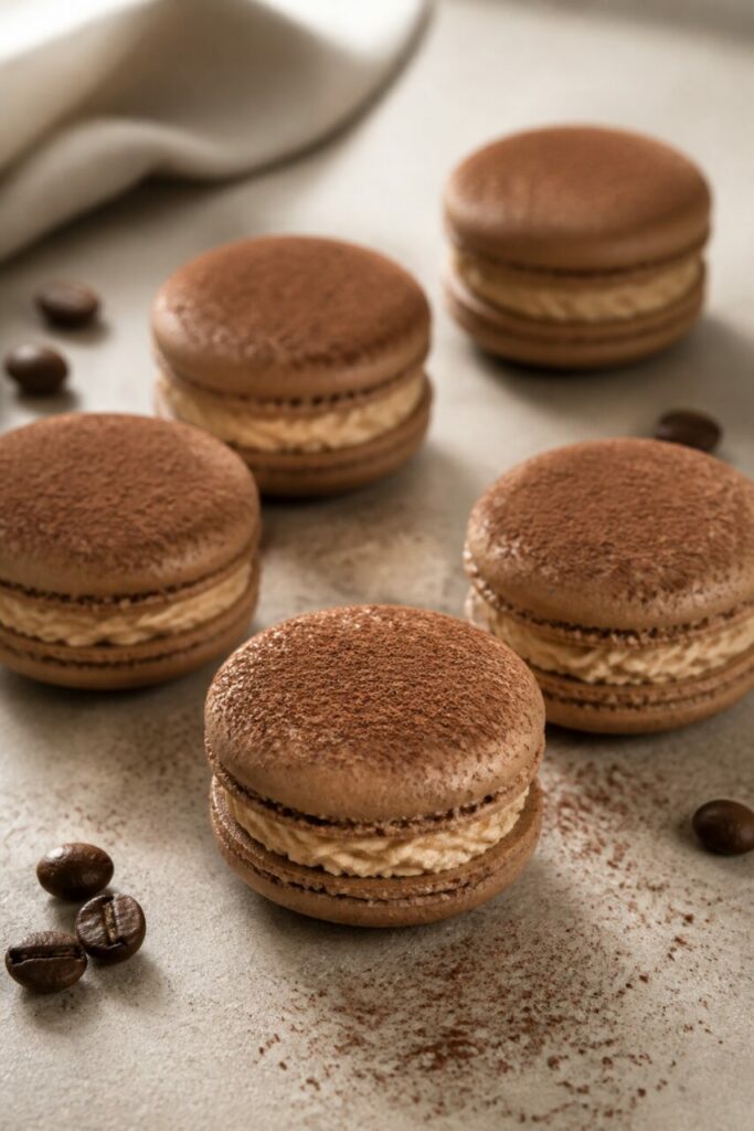 Cacao fin sur les macarons café-tiramisu