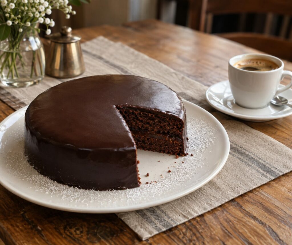 Café près du gâteau Sacher sur table en bois