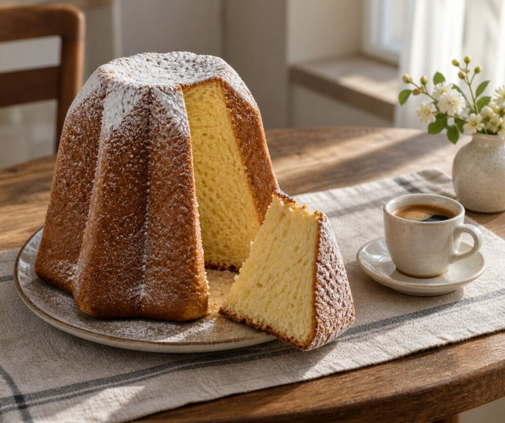 Café près du pandoro italien tranché sur table en bois