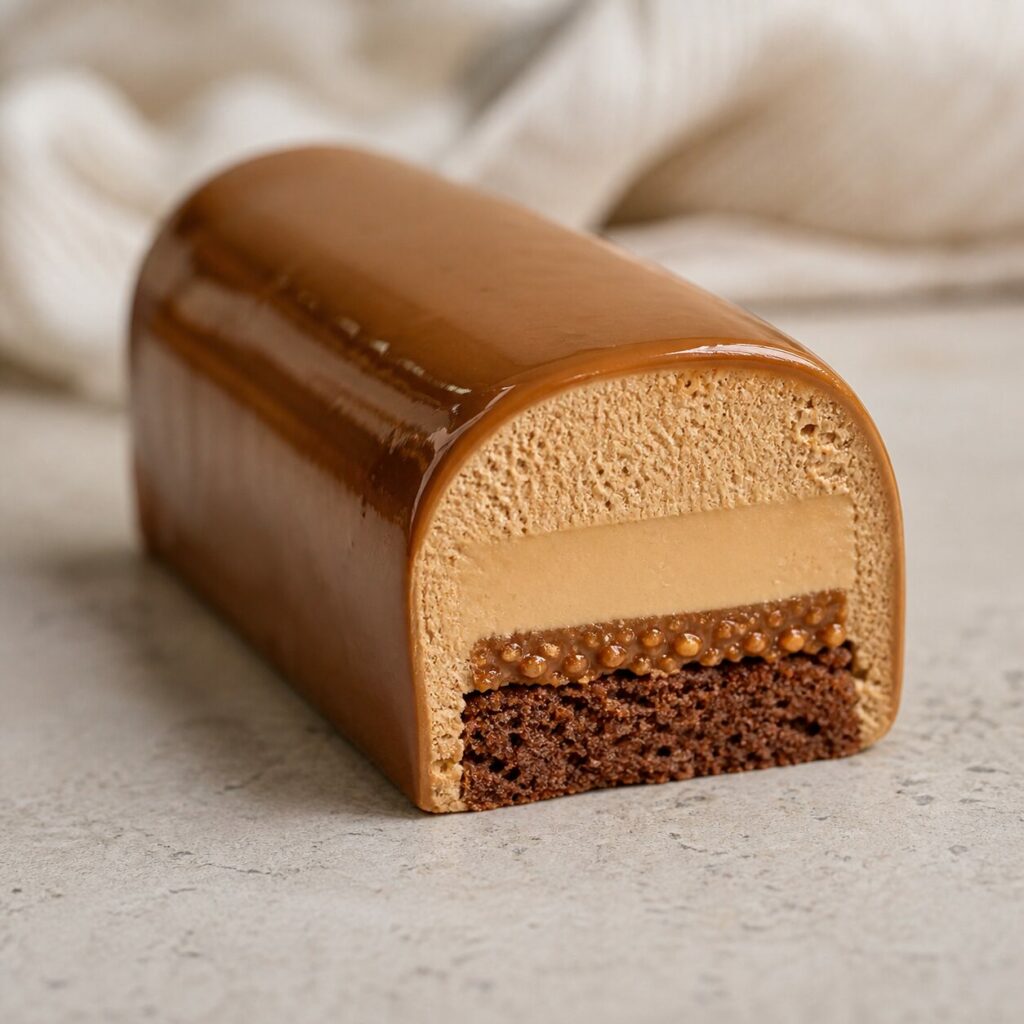 Koffie-tonka-entremet — bruine reep met zichtbare lagen