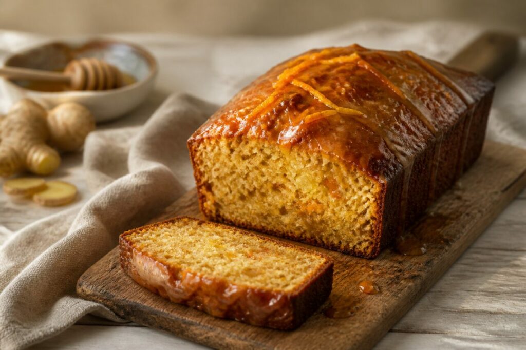 Miolo dourado de laranja num bolo de mel aberto
