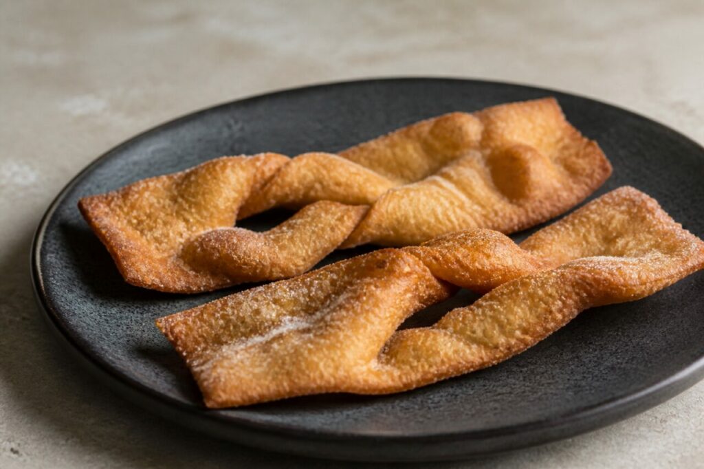 Douceur chilienne traditionnelle — calzones rotos frits, allongés et tordus, disposés sur une assiette noire