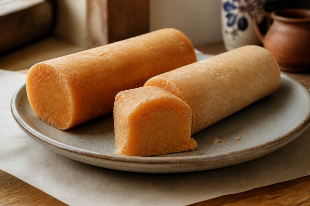 Camotes de Santa Clara de Puebla, bâtonnets de patate douce confite à la coupe dense sur assiette mate