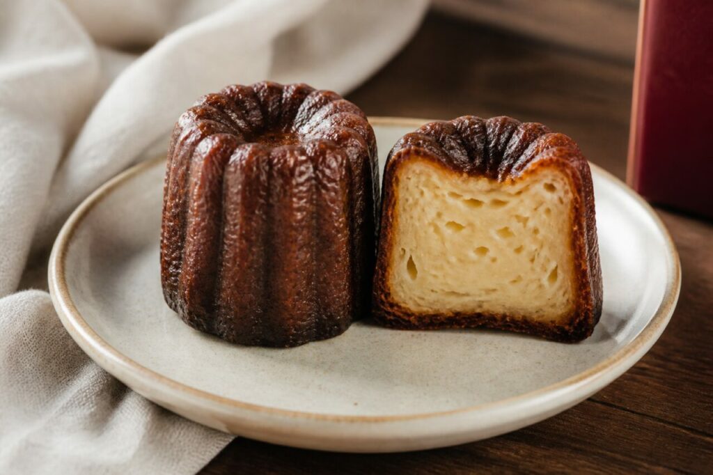 Deux canelés bordelais, dont un ouvert sur sa mie