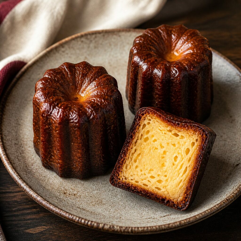 Trois canelés bordelais, dont un coupé en deux