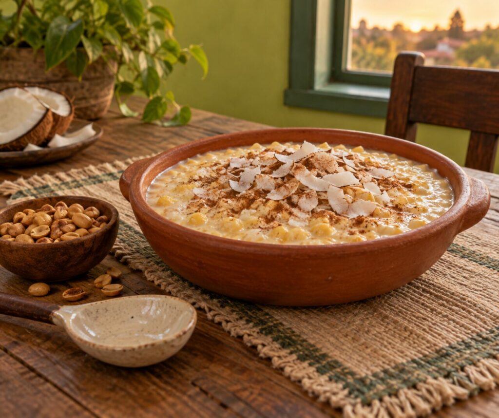 Canjica au coco et cacahuètes en plat de terre cuite