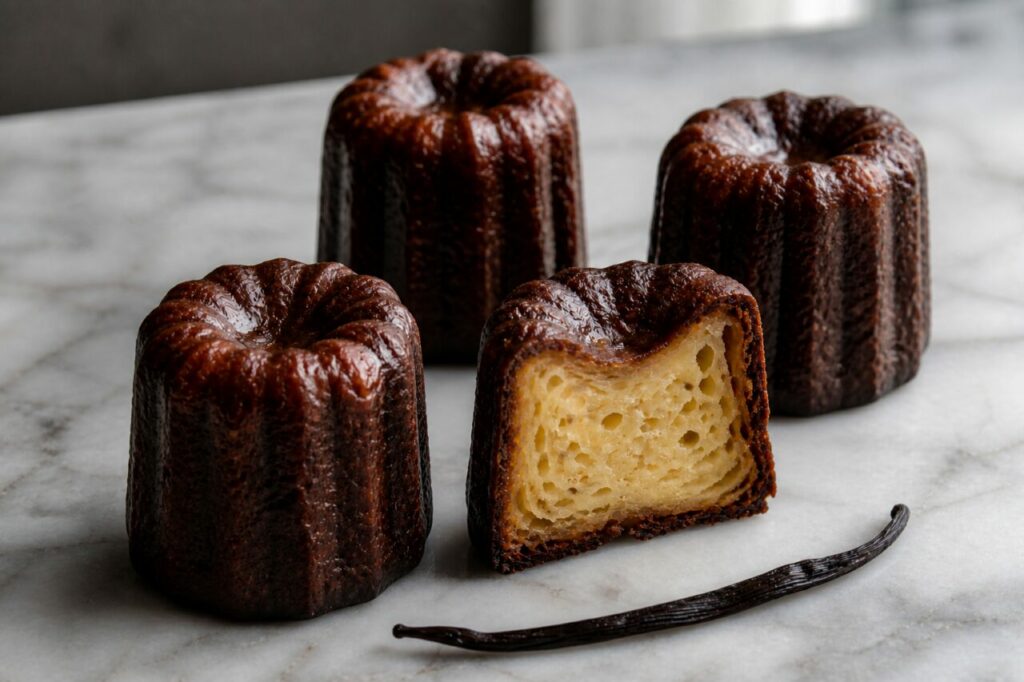 Cannelé bordelais classique — vanille près des pièces dorées