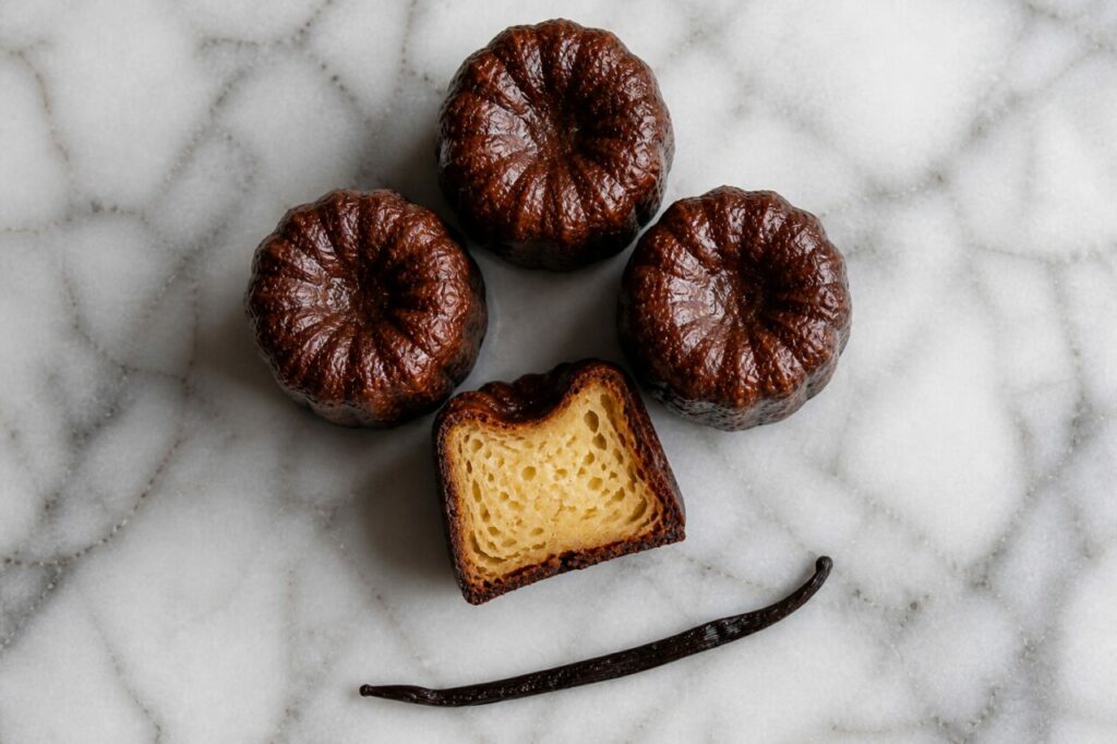 Cannelé bordelais classique — croûte sombre et gousse de vanille