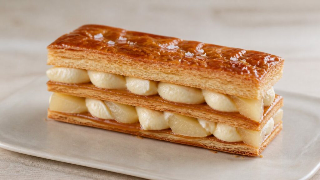 Caramel ambré soulignant le long mille-feuille à la poire