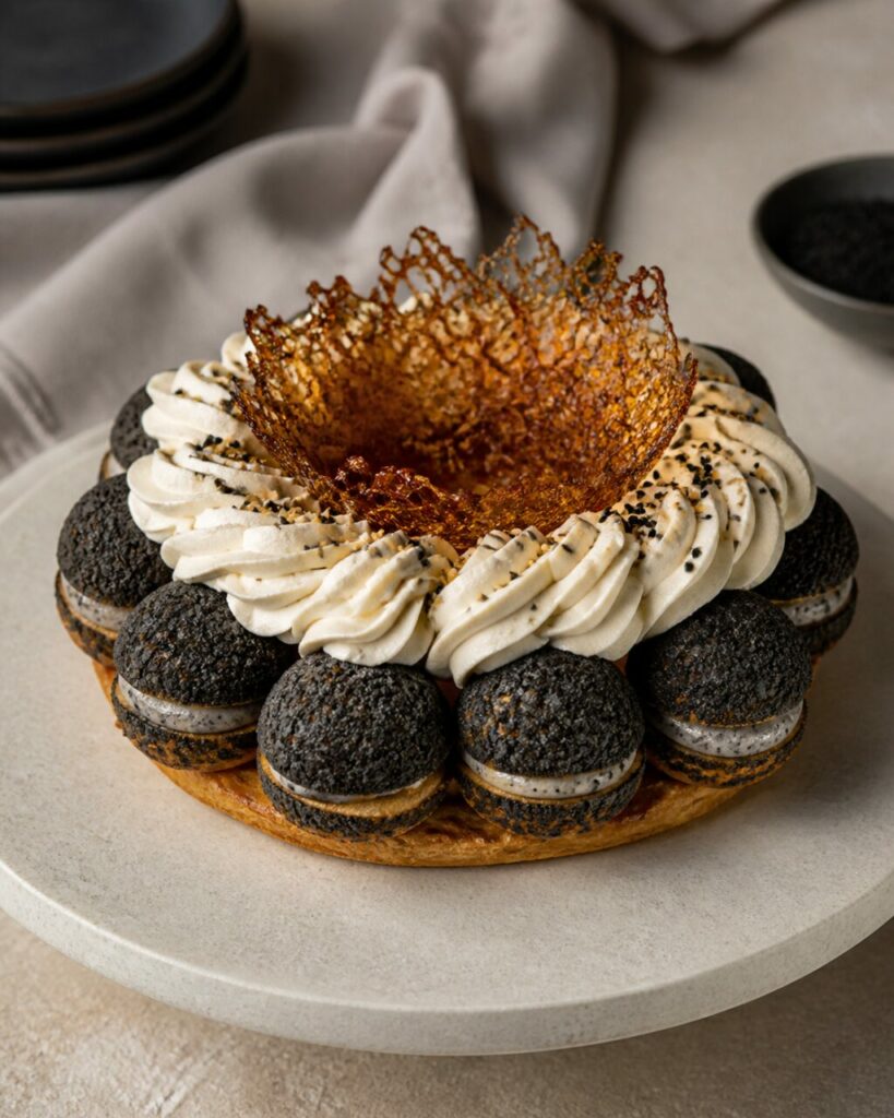 Decoração alta de caramelo no Saint-Honoré de sésamo preto