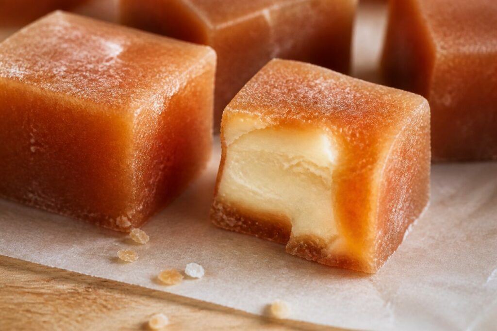 Cœur clair révélé dans un caramel tendre entamé