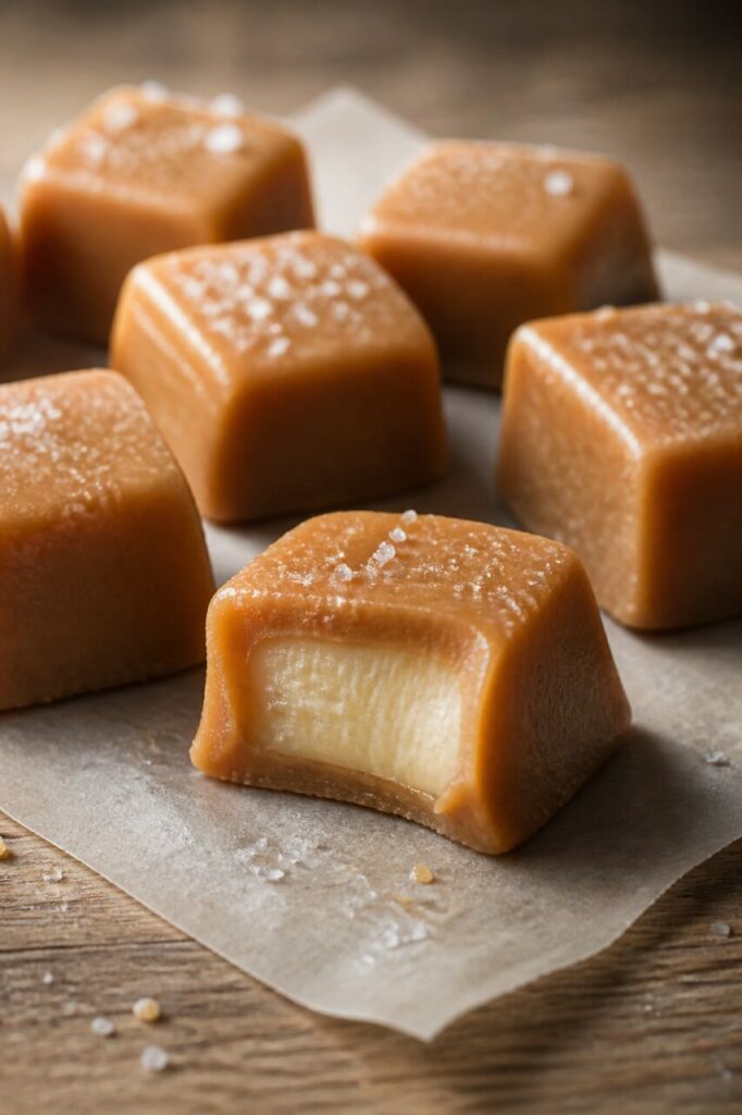 Cubes de caramel tendre à la vanille, dont un ouvert