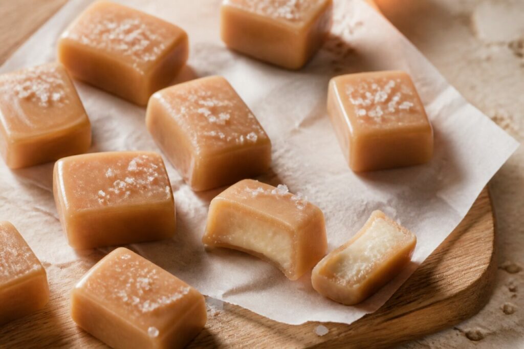 Planche garnie de caramels tendres à la vanille