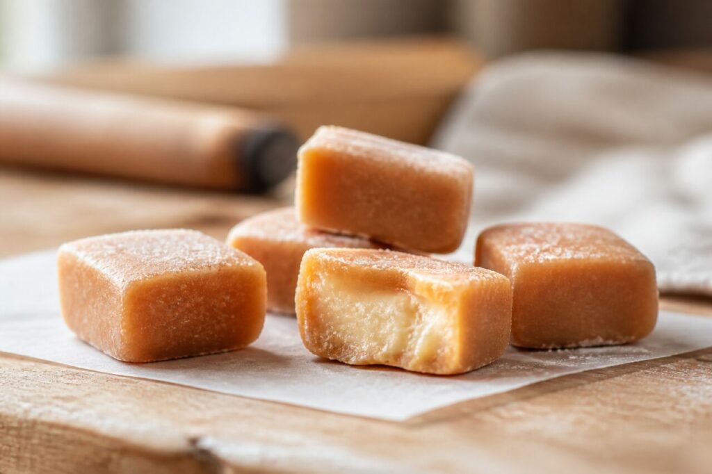 Caramel coupé parmi les bouchées vanillées