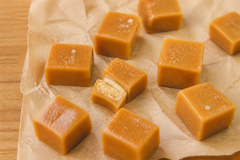 Petites bouchées de caramel vanillé dispersées sur la planche