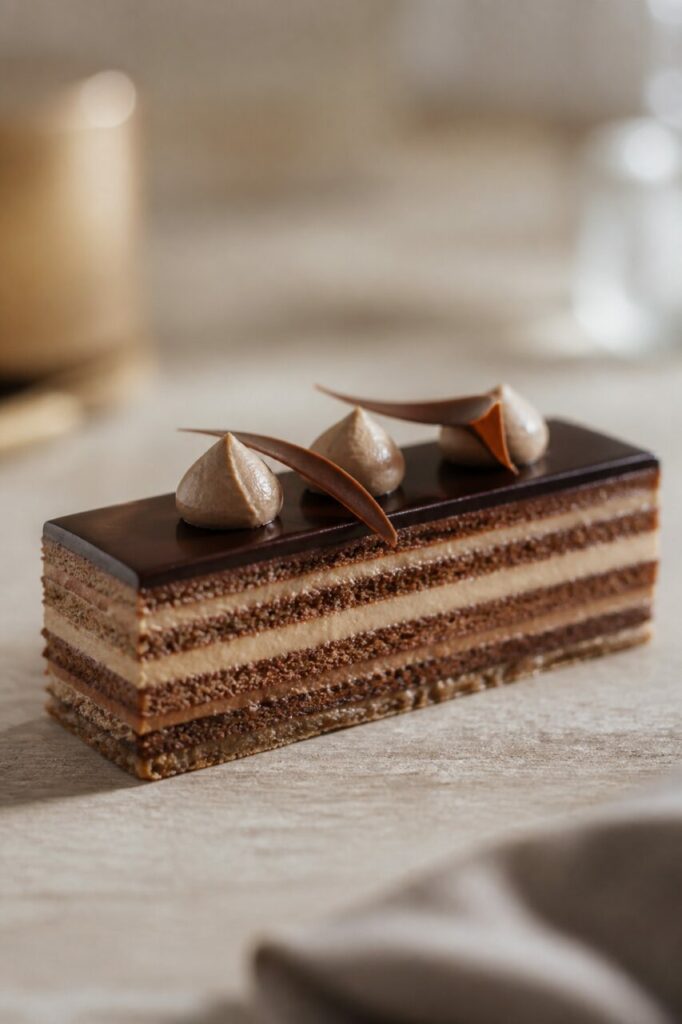 Chestnut-chocolate opera cake, tender chestnut square