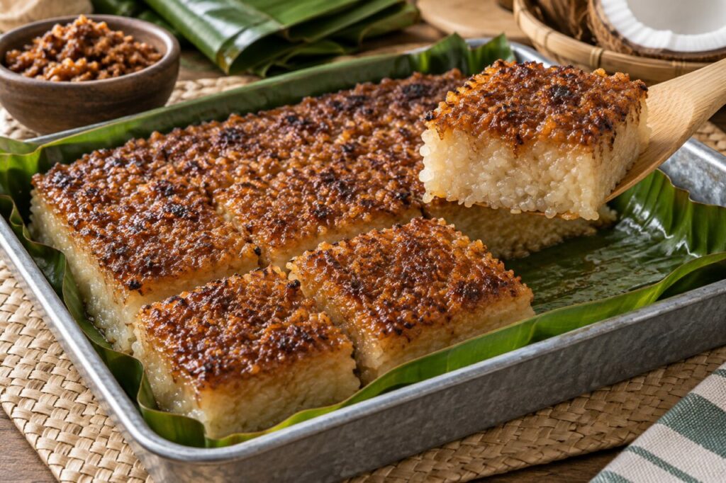 Dense bibingkang malagkit squares in a banana-leaf tray