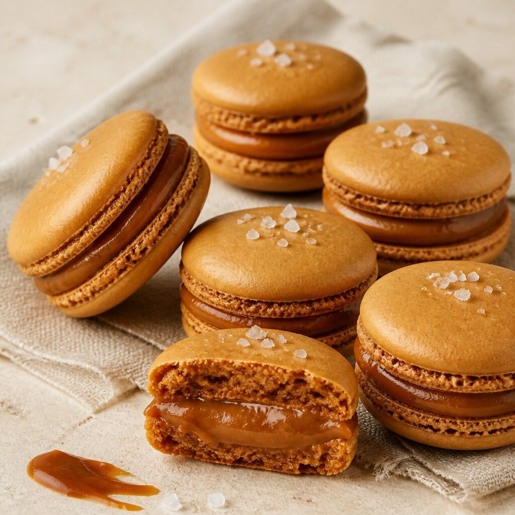Macaron cortado de caramelo salgado com centro cremoso