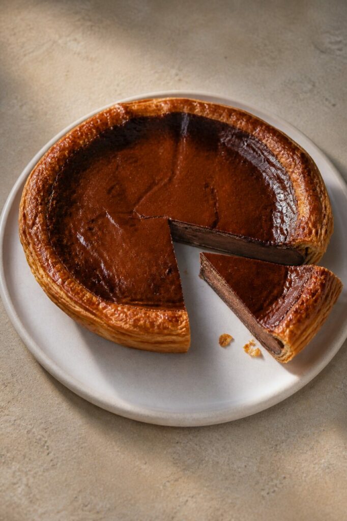 Hojaldre dorado contiene la crema del flan de chocolate