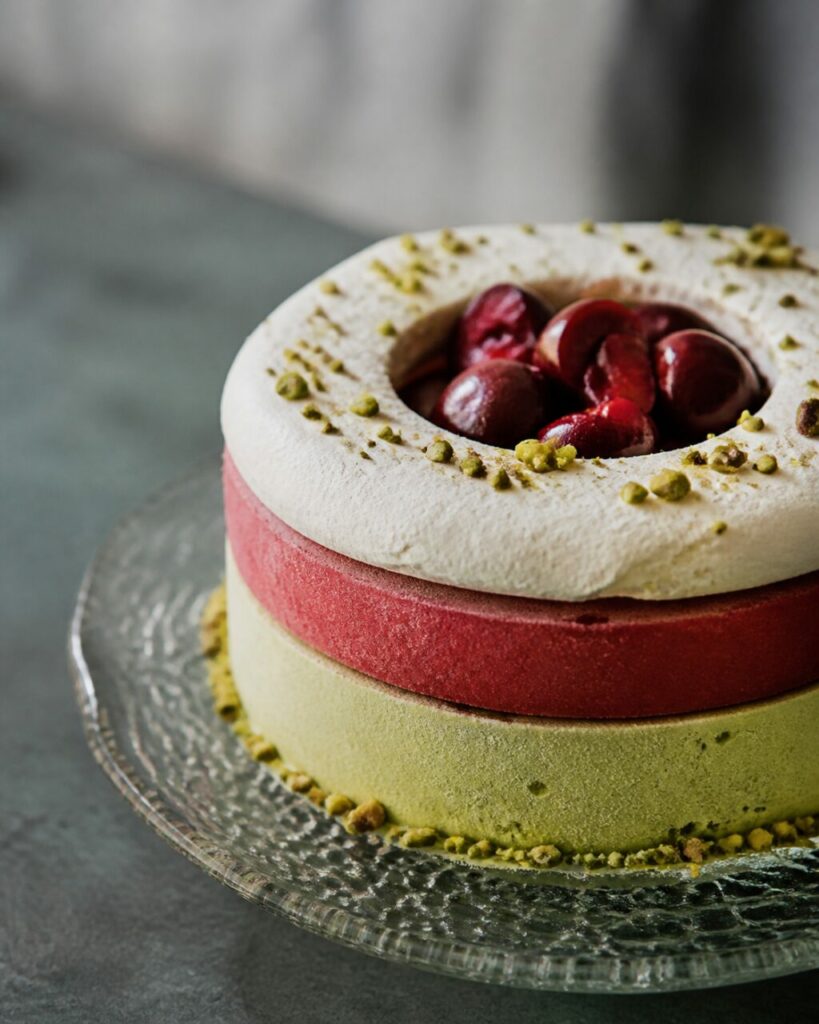 Cerises et pistaches sur des couches glacées pistache-griotte — Vacherin pistache-griotte glacé