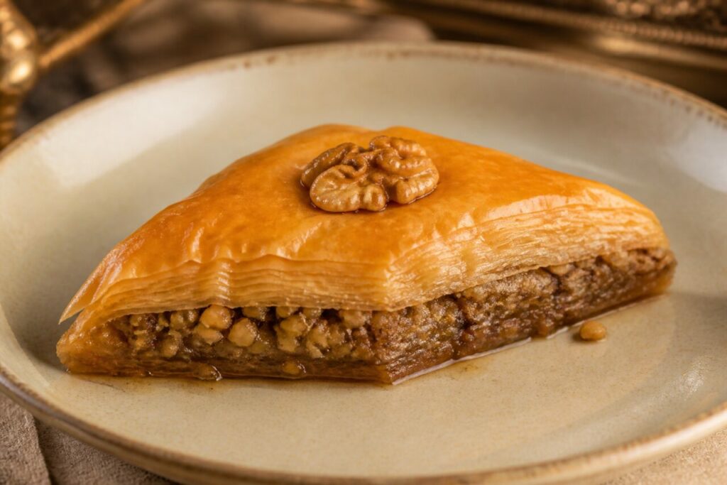 Un gheriglio lucido corona il baklava imbevuto di sciroppo