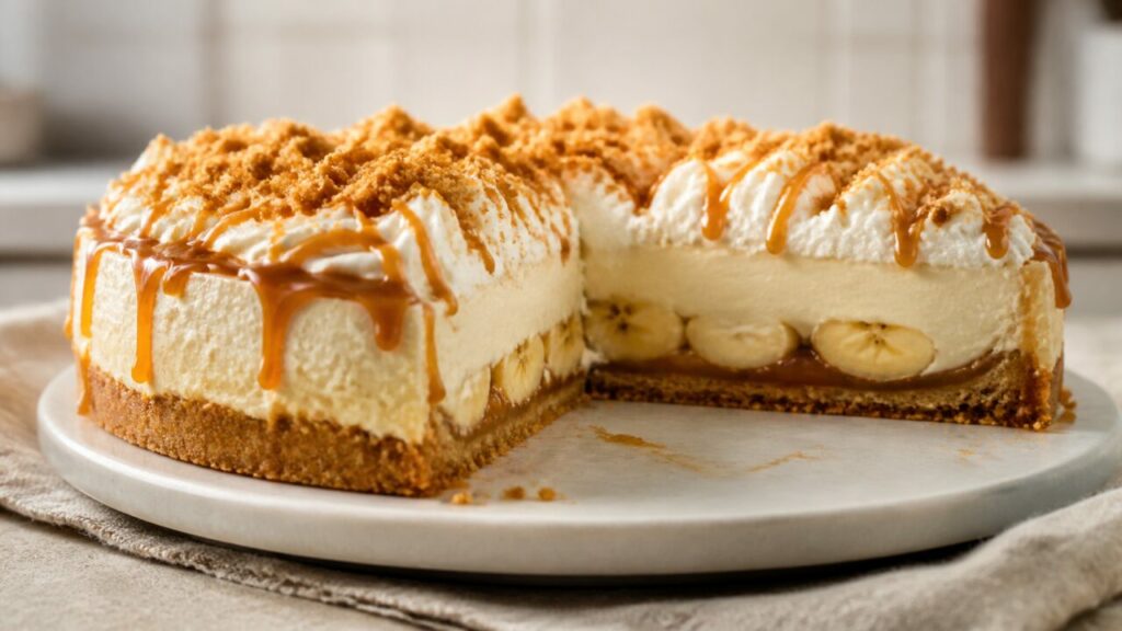 Whipped cream swirls top the banoffee cheesecake